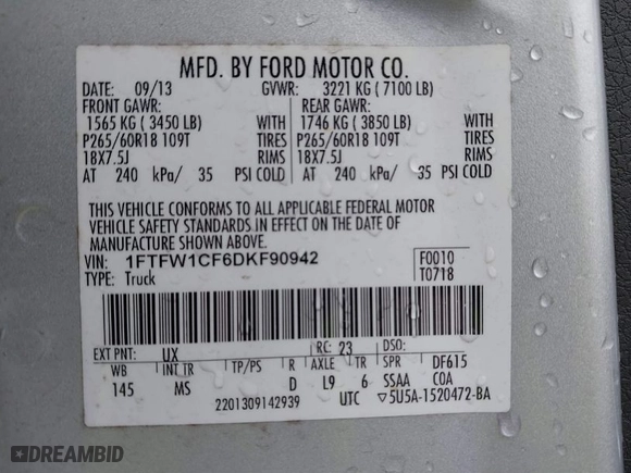 2013 Ford F-150 XL with VIN 1FTFW1CF6DKF90942, listed as a IAAI auction lot 41757048 with 236,239 mi miles. Bid and sale history available at carsss.com. Image 9.