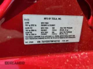 2022 Tesla Model Y Performance with VIN 7SAYGDEF9NF452155, listed as a Copart auction lot 52068895 with 42,072 mi miles and Salvage title. Bid and sale history available at DreamBid. Image 12.