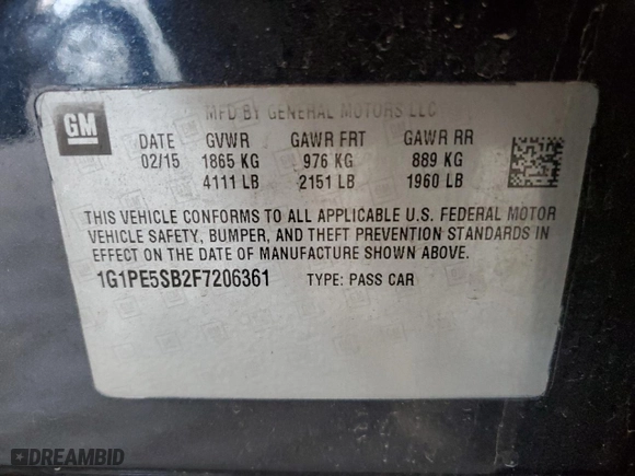 2015 Chevrolet Cruze LT with VIN 1G1PE5SB2F7206361, listed as a Copart auction lot 50081785 with 142,171 mi miles and Clean Title. Bid and sale history available at carsss.com. Image 12.