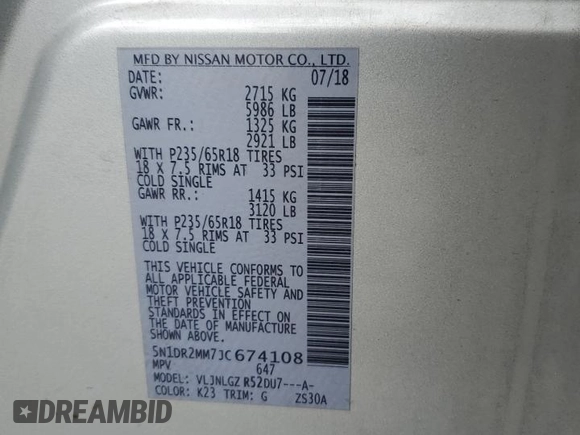 2018 Nissan Pathfinder SL z VIN 5N1DR2MM7JC674108, wystawiony jako Copart lot #57270435 z przebiegiem 55 217 mil mil oraz Szkoda całkowita • Salvage title. Historia ofert i sprzedaży dostępna na DreamBid. Obrazek 13.