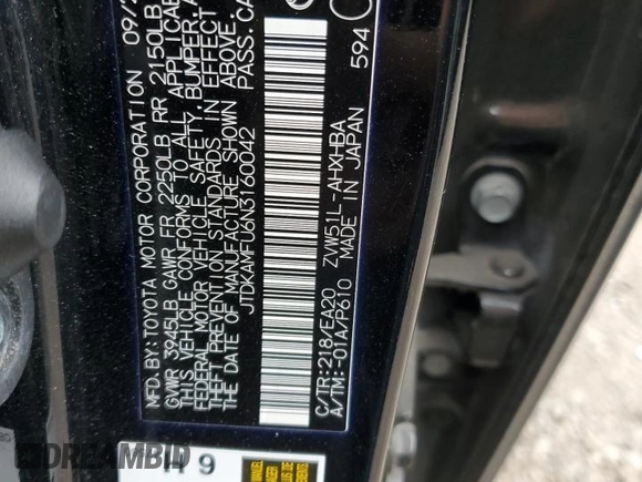 2022 Toyota Prius L Eco с VIN JTDKAMFU6N3160042, выставлен на аукционе Copart как лот 53633945 с пробегом 51 901 миль миль и Списание • Salvage title. История ставок и продаж доступна на DreamBid. Изображение 12.
