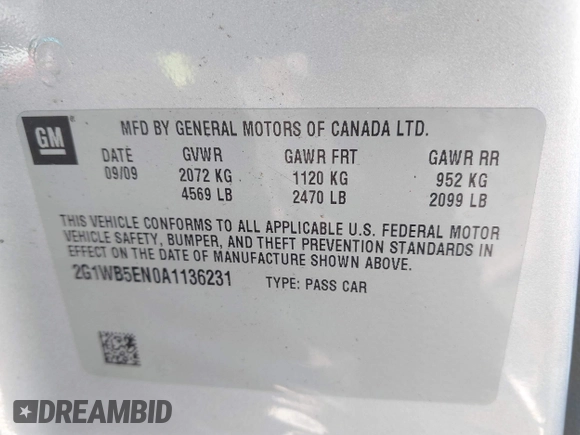2010 Chevrolet Impala LT with VIN 2G1WB5EN0A1136231, listed as a IAAI auction lot 41770548 with 132,073 mi miles and . Bid and sale history available at DreamBid. Image 9.