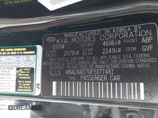 2015 Kia Cadenza Premium with VIN KNALN4D70F5177461, listed as a IAAI auction lot 41382190 with 214,538 mi miles. Bid and sale history available at carsss.com. Image 9.