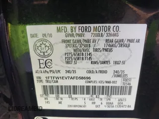 2010 Ford F-150 XL with VIN 1FTFW1EV7AFD58696, listed as a IAAI auction lot 42584267 with 165,635 mi miles and . Bid and sale history available at DreamBid. Image 9.