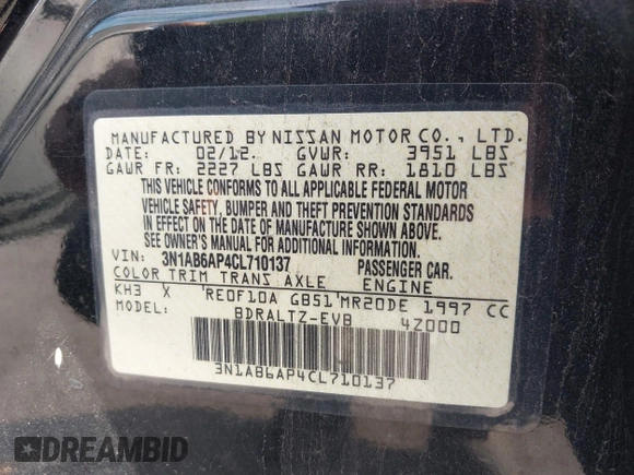 2012 Nissan Sentra S with VIN 3N1AB6AP4CL710137, listed as a IAAI auction lot 40766072 with 142,269 mi miles and . Bid and sale history available at DreamBid. Image 9.