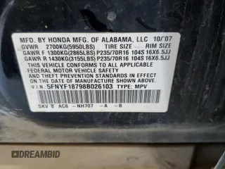 2008 Honda Pilot EX-L z VIN 5FNYF18798B026103, wystawiony jako Copart lot #51479174 z przebiegiem Nie podano mil oraz Czysty tytuł • Clean title. Historia ofert i sprzedaży dostępna na DreamBid. Obrazek 13.