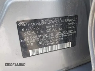 2015 Hyundai Sonata 2.4L SE with VIN 5NPE24AF8FH214899, listed as a IAAI auction lot 42056089 with 76,621 mi miles. Bid and sale history available at carsss.com. Image 9.