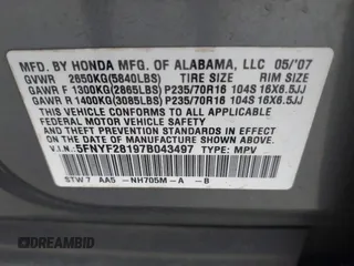 2007 Honda Pilot LX z VIN 5FNYF28197B043497, wystawiony jako IAAI lot #42174438 z przebiegiem 165 453 mil mil oraz . Historia ofert i sprzedaży dostępna na DreamBid. Obrazek 9.