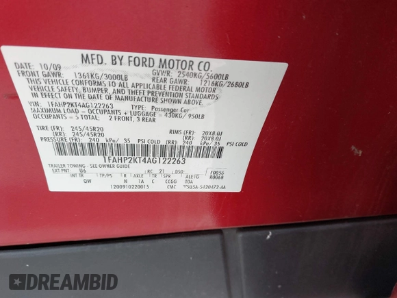 2010 Ford Taurus SHO with VIN 1FAHP2KT4AG122263, listed as a IAAI auction lot 41930902 with 128,977 mi miles and . Bid and sale history available at DreamBid. Image 9.