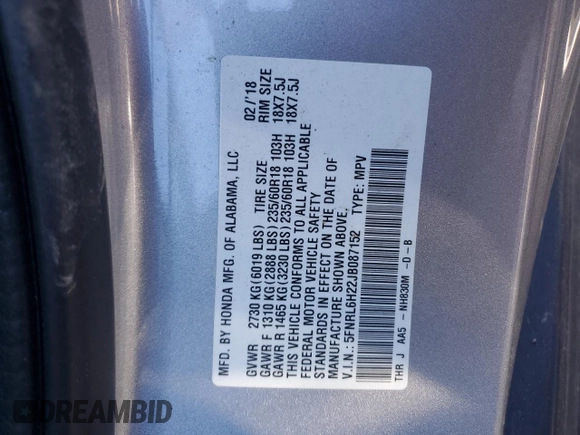 2018 Honda Odyssey LX with VIN 5FNRL6H22JB087152, listed as a Copart auction lot 76754974 with 73,057 mi miles and Salvage Title. Bid and sale history available at carsss.com. Image 14.