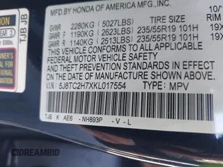2019 Acura RDX w/Advance Pkg with VIN 5J8TC2H7XKL017554, listed as a IAAI auction lot 41729521 with 91,798 mi miles. Bid and sale history available at carsss.com. Image 9.