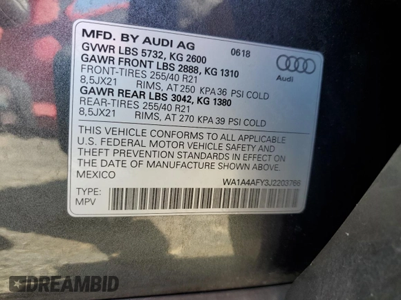 2018 Audi SQ5 Premium Plus with VIN WA1A4AFY3J2203766, listed as a Copart auction lot 62726734 with 72,881 mi miles and Salvage Title. Bid and sale history available at DreamBid. Image 13.