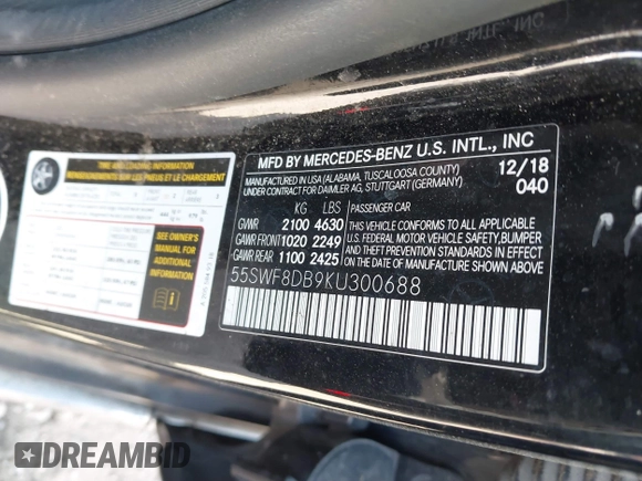2019 Mercedes-Benz C 300 with VIN 55SWF8DB9KU300688, listed as a IAAI auction lot 41826426 with 99,871 mi miles and . Bid and sale history available at DreamBid. Image 9.