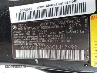 2006 BMW 5 Series 530i with VIN WBANE73506CM42692, listed as a IAAI auction lot 41712986 with 144,501 mi miles and . Bid and sale history available at carsss.com. Image 9.