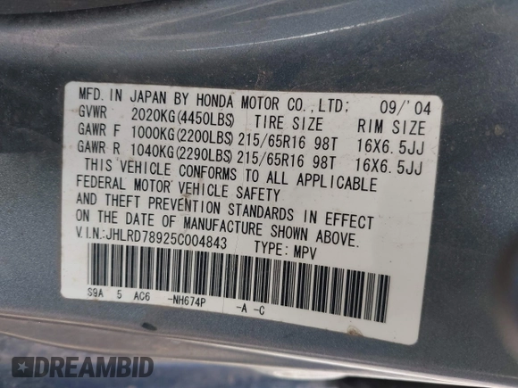2005 Honda CR-V EX SE with VIN JHLRD78925C004843, listed as a IAAI auction lot 41540898 with 139,317 mi miles. Bid and sale history available at carsss.com. Image 9.