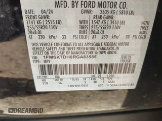 2024 Ford Explorer XLT с VIN 1FMSK7DH0RGA83585, выставлен на аукционе IAAI как лот 42227603 с пробегом Не указан миль и . История ставок и продаж доступна на DreamBid. Изображение 9.
