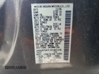 2007 Nissan Frontier SE with VIN 1N6AD07U47C418536, listed as a Copart auction lot 56171505 with 144,148 mi miles and Salvage title. Bid and sale history available at DreamBid. Image 12.