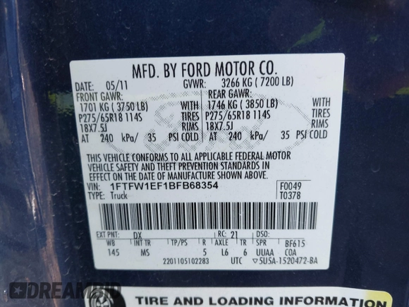 2011 Ford F-150 XL with VIN 1FTFW1EF1BFB68354, listed as a IAAI auction lot 41752355 with 156,694 mi miles. Bid and sale history available at carsss.com. Image 9.