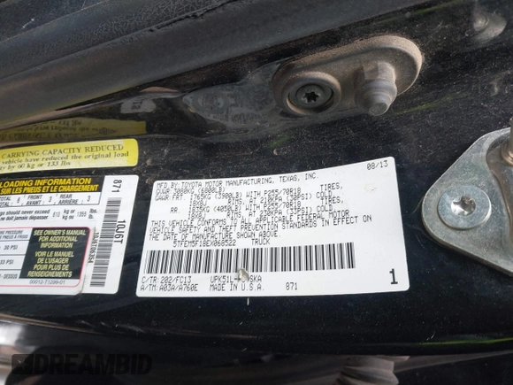 2014 Toyota Tundra SR5 z VIN 5TFEM5F18EX068522, wystawiony jako IAAI lot #41330508 z przebiegiem Nie podano mil oraz . Historia ofert i sprzedaży dostępna na DreamBid. Obrazek 9.