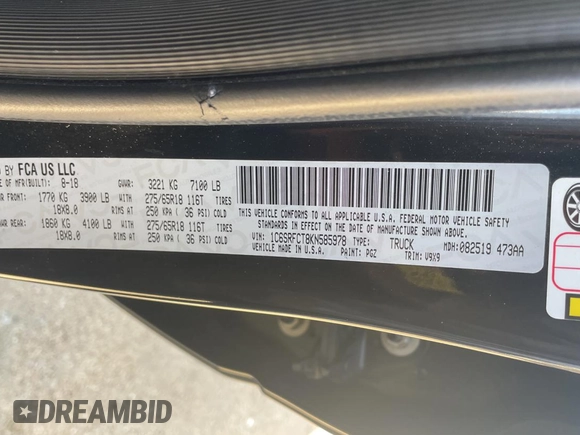 2019 Ram 1500 Tradesman z VIN 1C6SRFCT8KN585978, wystawiony jako Copart lot #78004934 z przebiegiem 102 838 mil mil oraz Czysty tytuł • Clean title. Historia ofert i sprzedaży dostępna na DreamBid. Obrazek 10.