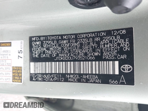 2009 Toyota Prius with VIN JTDKB20U793521066, listed as a IAAI auction lot 42065545 with 153,759 mi miles. Bid and sale history available at carsss.com. Image 9.