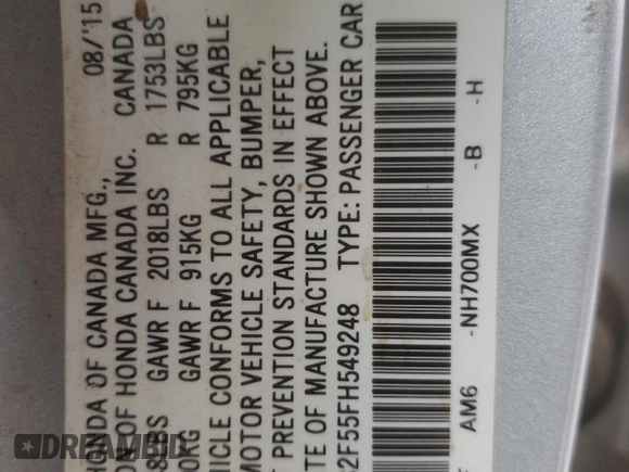 2015 Honda Civic Sedan LX with VIN 2HGFB2F55FH549248, listed as a Copart auction lot 51547385 with 124,012 mi miles and Salvage Title. Bid and sale history available at carsss.com. Image 14.
