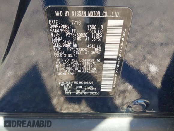 2017 Nissan Armada SV with VIN JN8AY2NC3H9501228, listed as a IAAI auction lot 41780182 with 233,183 mi miles and . Bid and sale history available at DreamBid. Image 9.