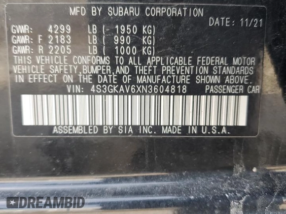 2022 Subaru Impreza Premium with VIN 4S3GKAV6XN3604818, listed as a Copart auction lot 48315675 with 86,660 mi miles and Salvage title. Bid and sale history available at DreamBid. Image 12.