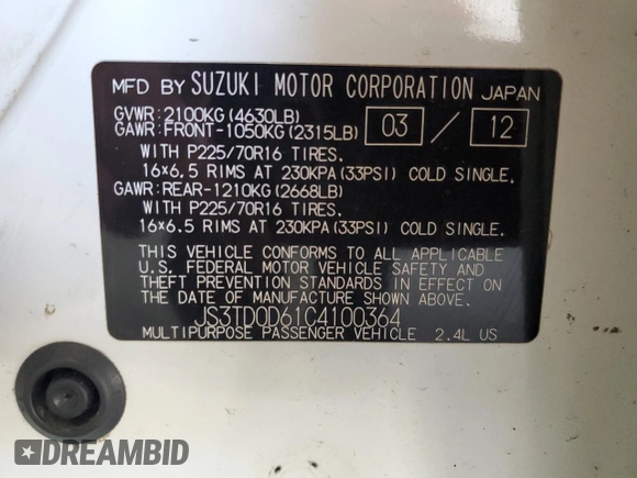 2012 Suzuki Grand Vitara Premium z VIN JS3TD0D61C4100364, wystawiony jako Copart lot #70843174 z przebiegiem 120 932 mil mil oraz Szkoda całkowita • Salvage title. Historia ofert i sprzedaży dostępna na DreamBid. Obrazek 13.