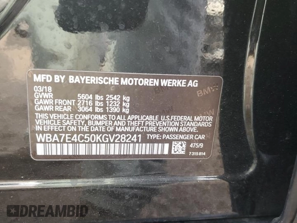 2019 BMW 7 Series 740i xDrive z VIN WBA7E4C50KGV28241, wystawiony jako Copart lot #87329774 z przebiegiem Nie podano mil oraz Szkoda całkowita • Salvage title. Historia ofert i sprzedaży dostępna na DreamBid. Obrazek 12.