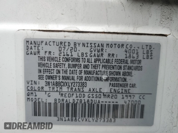 2020 Nissan Sentra SV with VIN 3N1AB8CVXLY273383, listed as a Copart auction lot 49326865 with 36,635 mi miles and Salvage Title. Bid and sale history available at carsss.com. Image 13.