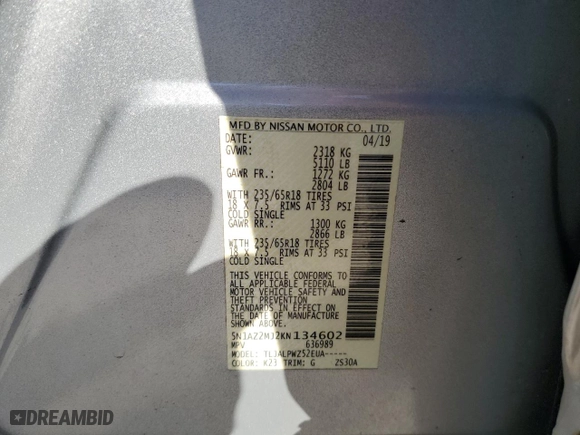 2019 Nissan Murano S with VIN 5N1AZ2MJ2KN134602, listed as a Copart auction lot 85985104 with 63,783 mi miles and Non Repairable. Bid and sale history available at carsss.com. Image 13.