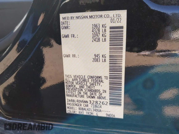 2022 Nissan Altima 2.5 SV with VIN 1N4BL4DV6NN328262, listed as a IAAI auction lot 42110746 with 56,204 mi miles. Bid and sale history available at carsss.com. Image 9.
