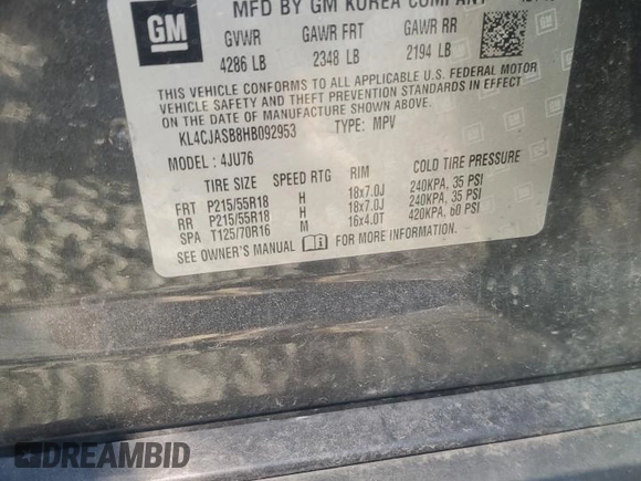 2017 Buick Encore Preferred with VIN KL4CJASB8HB092953, listed as a Copart auction lot 52859785 with 101,119 mi miles and Salvage title. Bid and sale history available at DreamBid. Image 13.