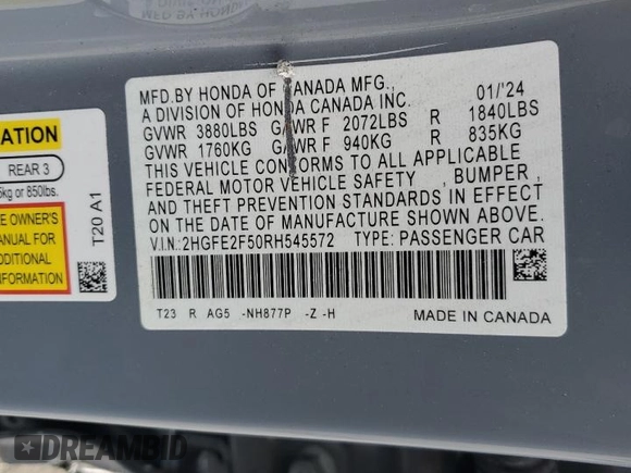 2024 Honda Civic Sport with VIN 2HGFE2F50RH545572, listed as a Copart auction lot 48824665 with 20,695 mi miles and Salvage Title. Bid and sale history available at DreamBid. Image 14.