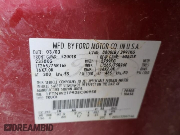2003 Ford Super Duty F-250 XL with VIN 1FTNW21P93EC88958, listed as a Copart auction lot 66421014 with 0 mi miles and Salvage Title. Bid and sale history available at carsss.com. Image 13.
