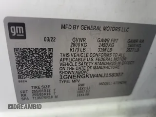 2022 Chevrolet Traverse LT Cloth with VIN 1GNERGKW4NJ158307, listed as a IAAI auction lot 42708260 with 60,990 mi miles and . Bid and sale history available at DreamBid. Image 23.