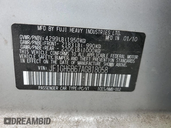 2010 Subaru Impreza i Premium with VIN JF1GH6B67AG818058, listed as a Copart auction lot 76192794 with 86,527 mi miles and Clean title. Bid and sale history available at DreamBid. Image 12.