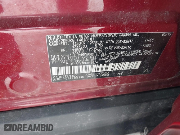 2019 Toyota RAV4 LE with VIN 2T3F1RFV1KC016674, listed as a IAAI auction lot 41571837 with 114,961 mi miles and . Bid and sale history available at DreamBid. Image 9.