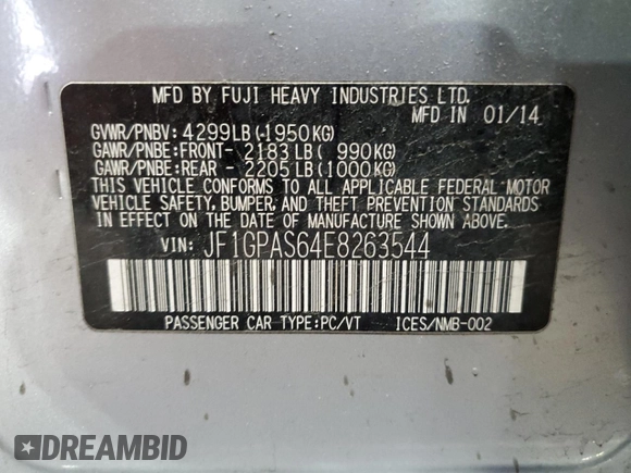 2014 Subaru Impreza Special Sports Limited with VIN JF1GPAS64E8263544, listed as a Copart auction lot 57300455 with 141,579 mi miles and Salvage title. Bid and sale history available at DreamBid. Image 12.