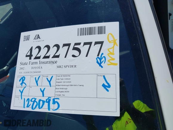 2002 Toyota MR2 z VIN JTDFR320120045045, wystawiony jako IAAI lot #42227577 z przebiegiem 128 095 mil mil oraz . Historia ofert i sprzedaży dostępna na DreamBid. Obrazek 17.
