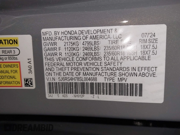 2025 Honda CR-V EX-L with VIN 5J6RS4H78SL004688, listed as a IAAI auction lot 41253158 with 5,018 mi miles and . Bid and sale history available at DreamBid. Image 9.