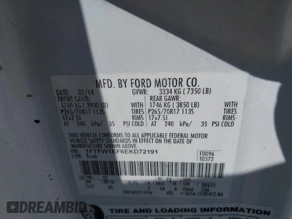 2014 Ford F-150 XL with VIN 1FTFW1EF6EKD72191, listed as a IAAI auction lot 41775271 with 72,945 mi miles. Bid and sale history available at carsss.com. Image 9.