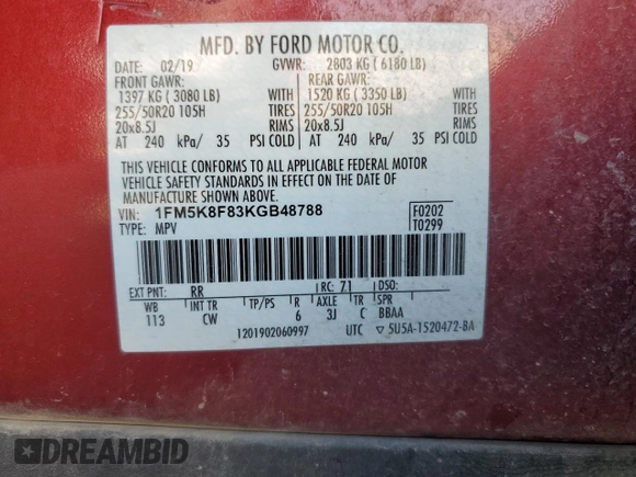 2019 Ford Explorer Limited с VIN 1FM5K8F83KGB48788, выставлен на аукционе Copart как лот 56367775 с пробегом 103 648 миль миль и Списание • Salvage title. История ставок и продаж доступна на DreamBid. Изображение 14.