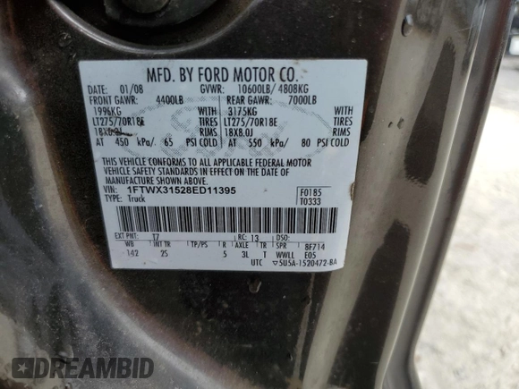 2008 Ford F-350 XL with VIN 1FTWX31528ED11395, listed as a Copart auction lot 43812455 with 215,029 mi miles and Salvage Title. Bid and sale history available at DreamBid. Image 13.