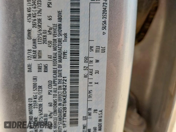 2019 Ford F-250 XL with VIN 1FT7W2BT6KED82721, listed as a Copart auction lot 61027695 with 166,167 mi miles and Salvage title. Bid and sale history available at DreamBid. Image 12.