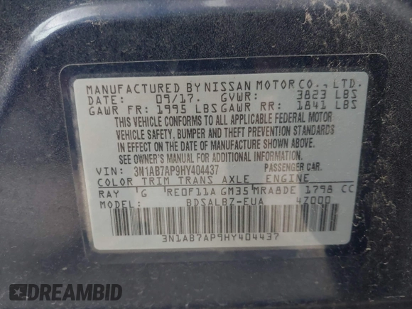 2017 Nissan Sentra S z VIN 3N1AB7AP9HY404437, wystawiony jako IAAI lot #42474178 z przebiegiem 77 931 mil mil oraz . Historia ofert i sprzedaży dostępna na DreamBid. Obrazek 9.