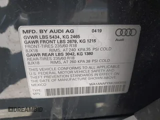 2019 Audi Q5 Premium with VIN WA1ANAFYXK2093555, listed as a IAAI auction lot 41527826 with 55,955 mi miles and . Bid and sale history available at DreamBid. Image 9.