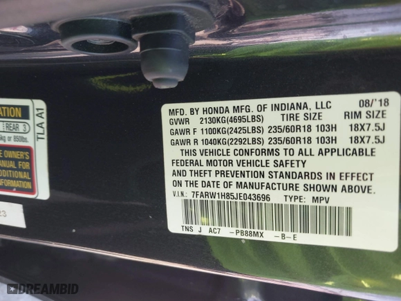 2018 Honda CR-V EX-L with VIN 7FARW1H85JE043696, listed as a IAAI auction lot 41966273 with 134,091 mi miles. Bid and sale history available at carsss.com. Image 9.