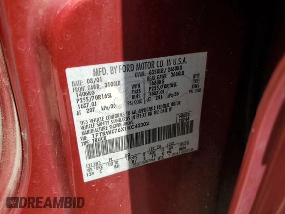 2001 Ford F-150 XLT with VIN 1FTRW076X1KC42302, listed as a Copart auction lot 59868295 with 234,772 mi miles and Salvage title. Bid and sale history available at DreamBid. Image 12.